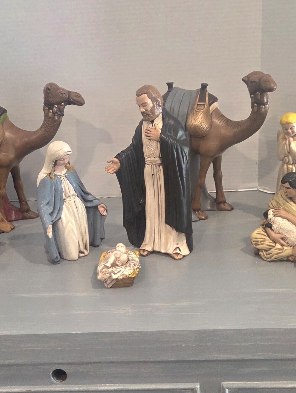 Vintage 1970's  Nativity Set 12 Piece 3 Lg Camels Ceramic Mary Jesus Joseph Lg